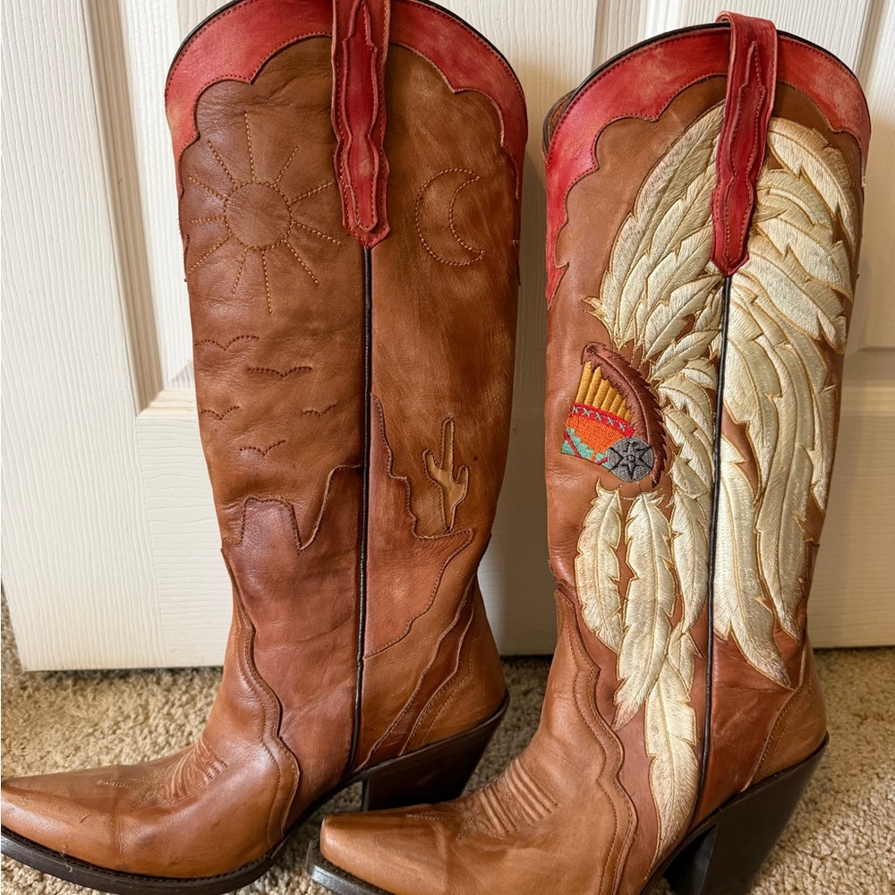 Brown and Red Embroidered Western Cowboy Boots